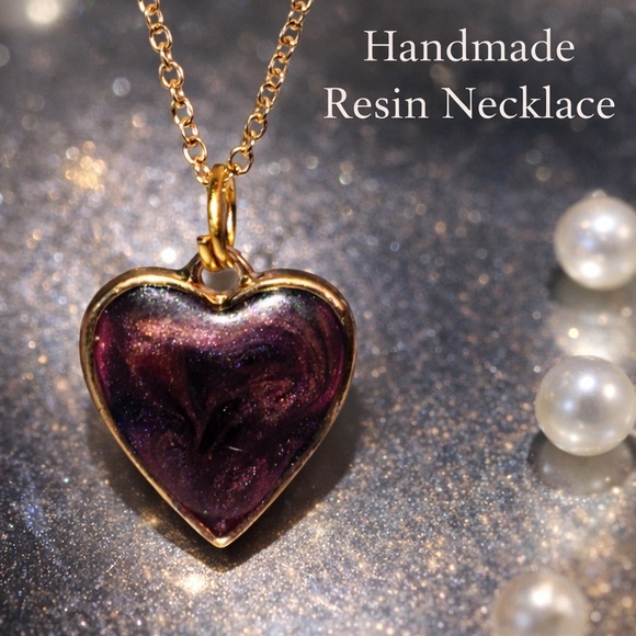 Jewelry - Handmade Resin Heart Necklace Gold Chain Sparkle Pendant Gift